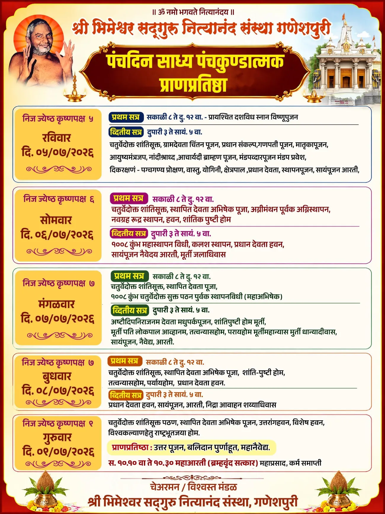 Pranpratishtha Pooja Schedule
